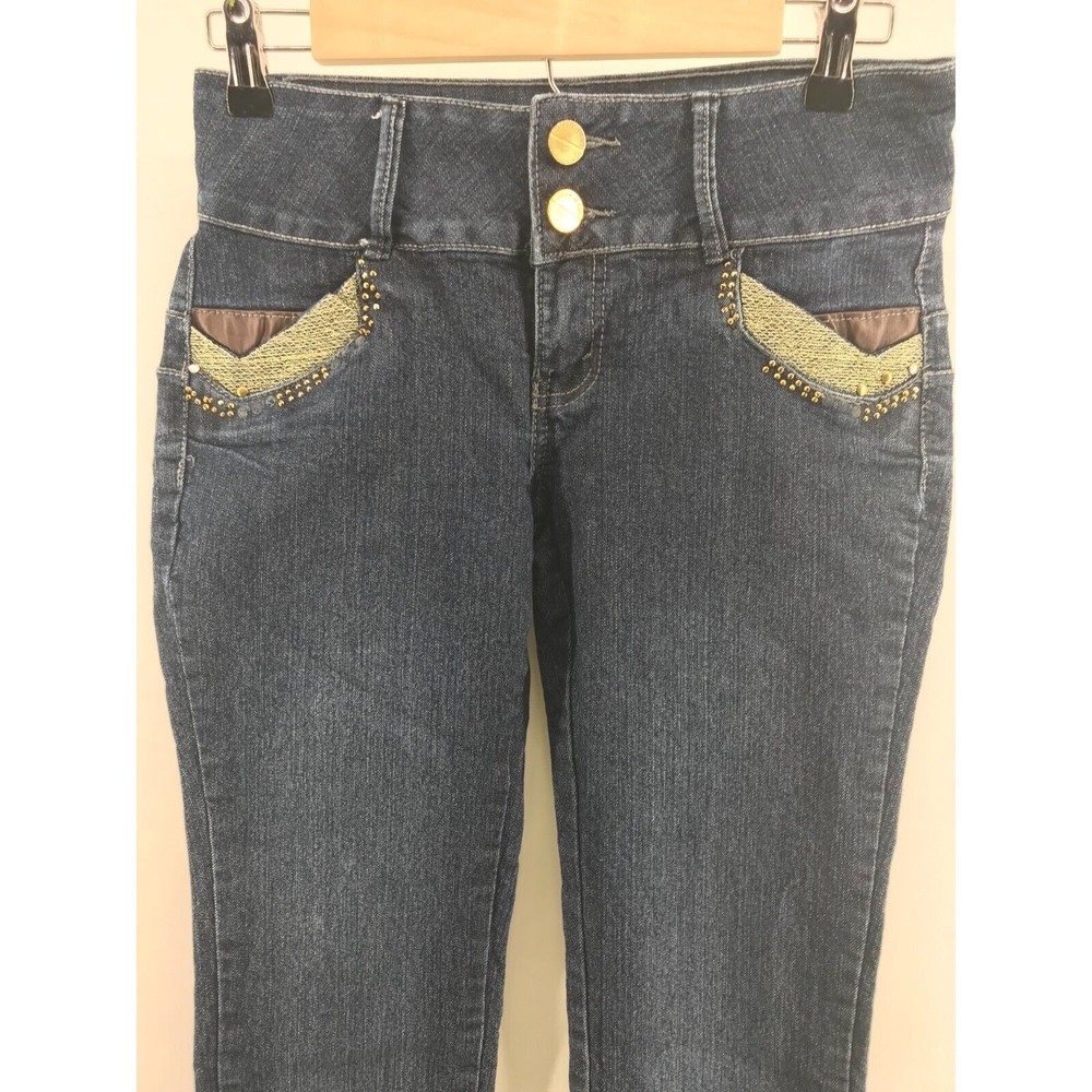 QUEEN JEANS Denim Women's Sz7 Stretchy Skinny Jeans WIth Gold Bling (28X31)